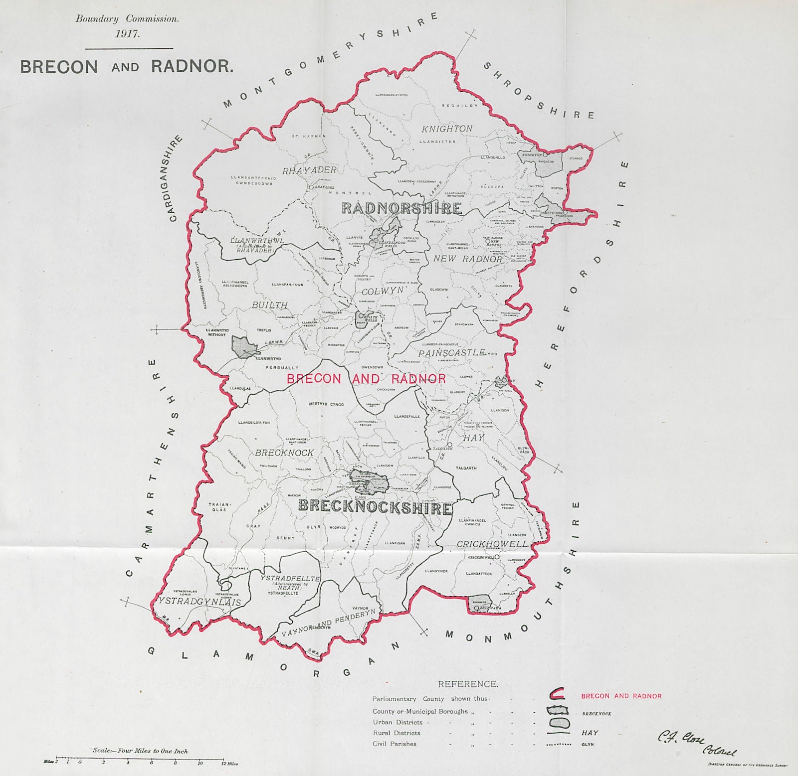 Brecon & Radnor Parliamentary County. Wales. BOUNDARY COMMISSION. Close 1917 map